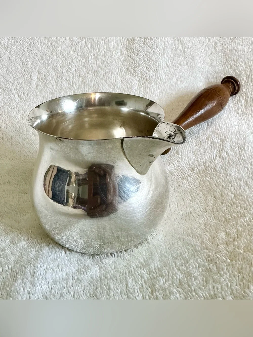 Vintage Silver-Plated Butter Melting Pot Wood Handle Sauce Warmer